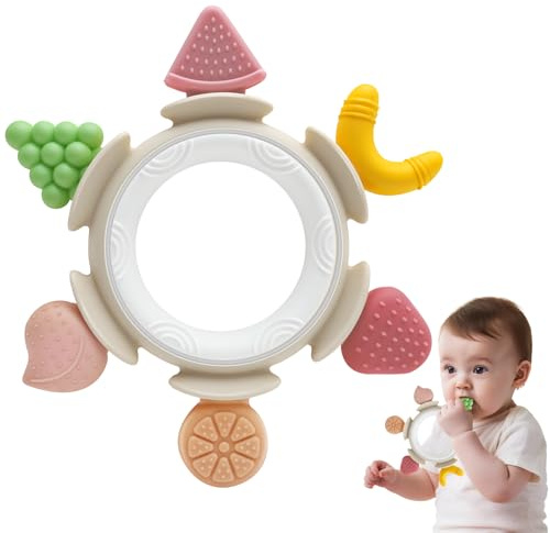Fruit Shaped Teething Toys for Baby, Silicone Teething Ring for Babies, Teether Toys 0 3 6 12 Months Toddler, BPA Free Chew Toys Easy to Grasp Accessories for Boy Girl Infant Gifts, Brown
