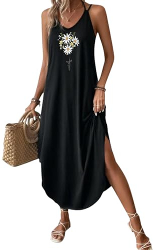 Chicrise Women Maxi Dresses Casual 2025 Long Dress Summer Flower Tank Dress Strapless Loose Black X Large 20-22