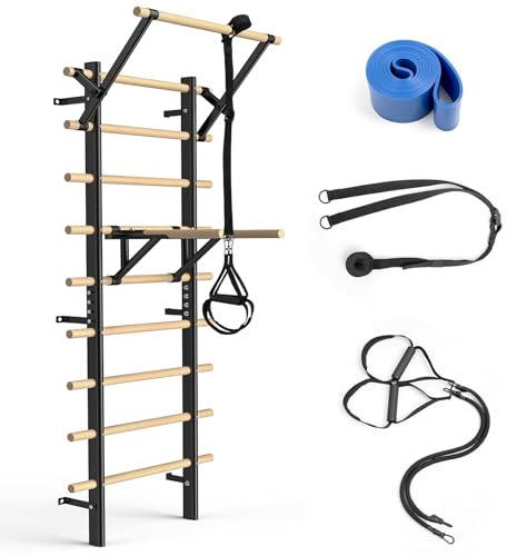 Sprossenwand mit Klimmzugstange & Dip-Barren – 220 cm Home Klettergerüst aus Buchenholz zur Wandmontage – Max. 250 kg belastbar – Für Krafttraining, Calisthenics & Reha bei Erwachsenen & Kindern