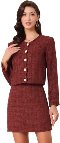 Allegra K Tweed Blazer Set for Women's Elegant Work 2 Piece Blazer Skirt Suit Dark Red M