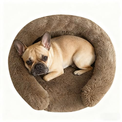 Doimier Calming Dog Bed for Small Medium Dogs, Anti-Anxiety Donut Washable Puppy Bed Orthopedic Cushion, Soft Fluffy Faux Fur Plush Warming Cozy Cat Bed, Fits up to 25 lbs Pets (Round, Coffee 23)