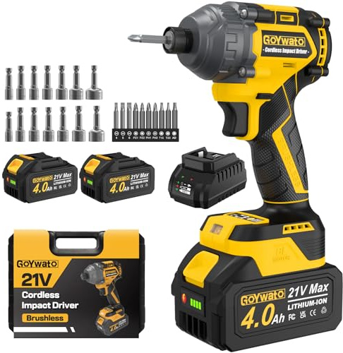 GoYwato Cordless Impact Driver 300N·m - 21V 1/4 Hex Chuck Brushless Hand Impact Driver with & 2 x 4.0Ah Battery & Charger & 14 x Sockets Set & 10 x Screwdriver Bit for Home Projects & DIY Hobbyist