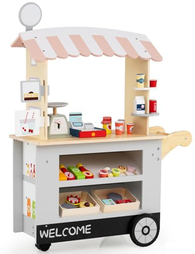 Maxmass Kids Play Food Cart, Children Shop Trolley Playset with 30 PCS Accessories, Universal Wheel, Scale and Register, Wooden Grocery Store Marketplace Toy for 3+ Year Old (Grey)