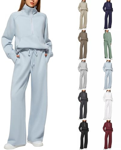 Generisch Conjunto de pantalón deportivo de mujer, de 2 piezas, para invierno, cálido, de terciopelo, para casa, con cuello alto, ropa cómoda, suéter, conjunto de estar, atuendo de ocio, azul, S