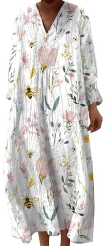 Vestidos Mujer Verano 2026 Boho Vestido Largo Casual para Disimular Tripa Talla Grande Manga Larga de Algodón y Lino con Bolsillos Vestido Playa Holgado Suelto Vintage Hippie Chic Maxi Tunica Larga