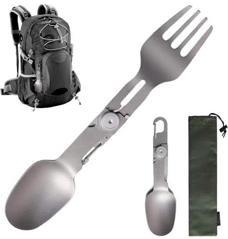 SKJJM Couverts de Camping 2 en 1, Titanium Camping Cuillère Fourchette, Accessoires de Cuisine pour Le Campings, Titane Ultra Légère Couvert Campings Multifonction pour Voyage Randonnée Outdoor
