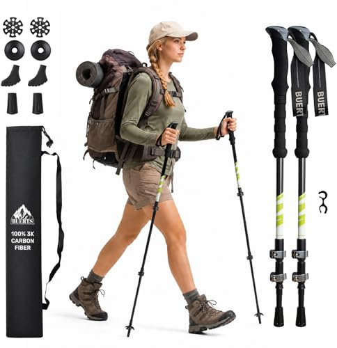 BUERTS Carbon Fibre Trekking Poles 2 Pack – Lightweight Walking Sticks for Hiking, Adjustable 61-137cm, Collapsible Hiking Poles with Non-Slip EVA Grips for Men Women Camping Ramble Outdoor.
