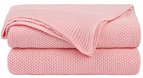PiccoCasa 100% Cotton Knit Throw Blanket,Solid Lightweight Decorative Throws and Blankets,Soft Knitted Throw Blanket for Sofa Couch, Pink 50 x 70