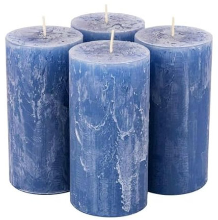 Rustikale Stumpenkerzen – 4 Stück - Wachskerzen/Rustickerzen/Adventskerzen Weihnachten (Saphir Blau, Groß: Höhe 14cm / Ø 7cm)
