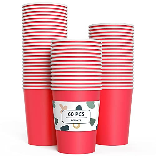 YANGTE 60 Pieces Red Paper Cups Disposable Party Cups Biodegradable and Compostable Drinking Cups for Party, Birthday Supplies, DIY - 9 Ounce - 250ml