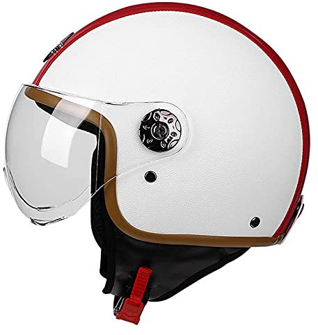 3/4 Motorcykelhjälm PU läderhjälm Unisex-vuxen öppen ansiktshjälm Retro Vintage stil Motorcykel Modulär halvhjälm DOT/ECE-godkänd cykelcykel Touringhjälm för män och kvinnor,White,L