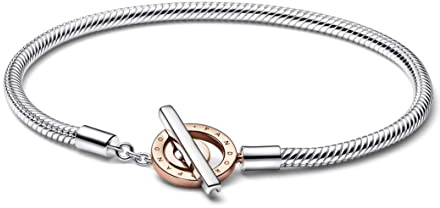 PANDORA Signature Bicolor Logo T-Verschluss Schlangen-Gliederarmband aus Sterling-Silber und rosévergoldeter Metalllegierung - Größe: 16 cm, 582309C00-16