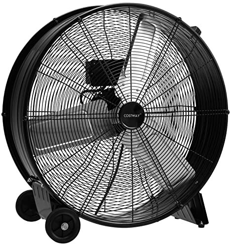 COSTWAY Ventilateur de Sol 24″ à Volume d’Air Elevé, Ventilateur à Tambour avec 3 Vitesses, 3 Pales en Aluminium et Moteur en Cuivre, Ventilateur Industriel avec Roulettes et Poignée Latérale
