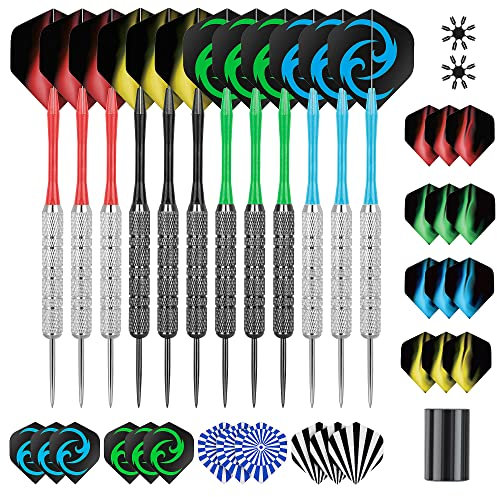 CareGames Dartpfeile mit Metallspitze,12Stück Steeldarts mit 24 Flights+2 Flights Protector und Werkzeug