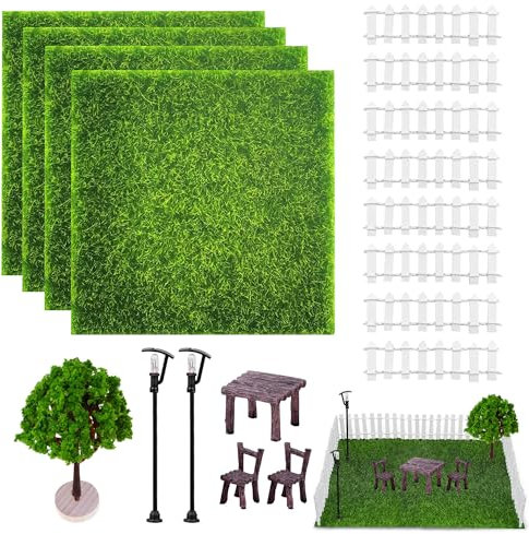 C-055 Miniatur Garten Puppenhaus Garten mit Miniatur Gartenmöbel 17 Stück Miniatur Deko inklusive Miniatur Zaun Kunstrasen Basteln Miniatur Bäume Miniatur Straßenlampen für Kinder und Erwachsene Bäume