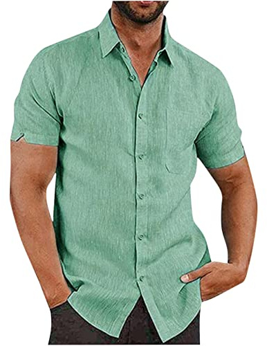 AEGJEGVD Linen Shirts for Men - Short Sleeve Button Down Holiday Beach Hawaiian Blouses in Cotton Linen - Regular Fit - Solid Henley Shirt with Pocket - UK Size 8-22
