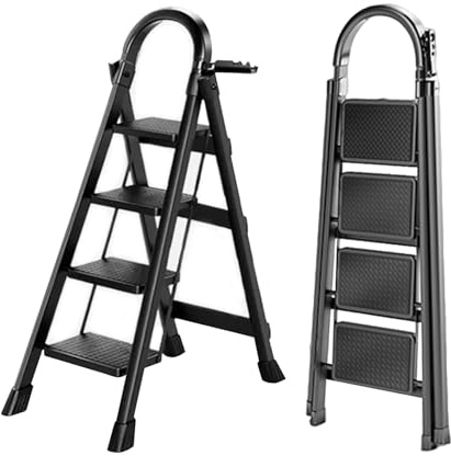 SEVEN COMFORT Scaletta pieghevole con corrimano, 4 gradini, antiscivolo, facile da riporre, ampi gradini, adatta per cucina, casa e soggiorno, portata fino a 150 kg (nero, 4 livelli)