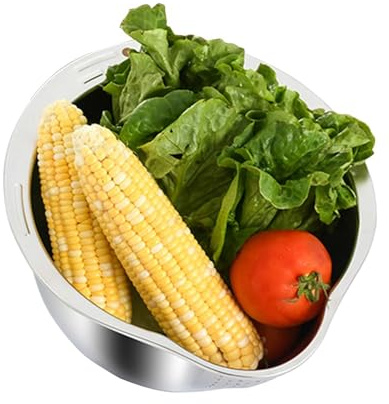 Cuenco de lavado de arroz de acero inoxidable - Diseño con fondo inclinado, filtro resistente | Cuenco microporoso para frutas, verduras, arroz, cereales, limpieza eficaz de la cocina, colador