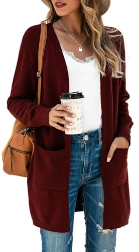 Saodimallsu Veste en tricot femme à manches longues légère, cardigan femme à manches longues ouvert devant, pull en tricot uni, décontracté, manteau en tricot avec poche, rouge bordeaux, L
