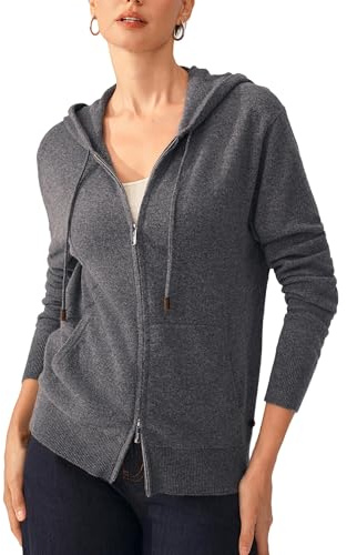KVSS Women's 100% Pure Cashmere Hooded Cardigan Machine Washable Cashmere Zip Up Hoodie with Pocket Long Sleeve Cardigan