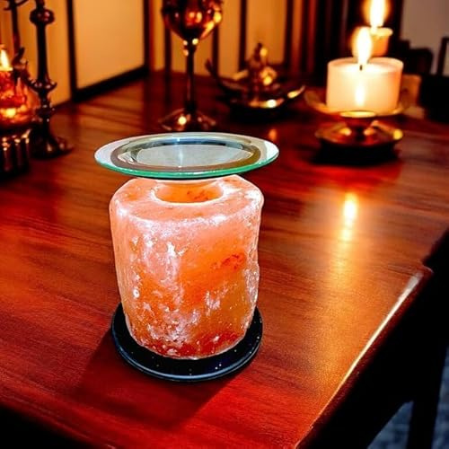 Pro-Home Himalaya naturlig doft, oljebrännare och ljusvärmare 13 cm – naturlig rosa saltsten med metallstativ och tallrik, aromaterapi-/ssentiell oljediffusor, värmeljustillbehör för hem, spa, present