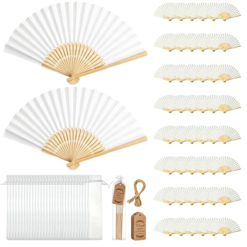 Abanico, 50 Piezas Abanicos de Papel con Tarjetas Bolsitas y Decoraciones 21 x 38 cm para Bodas Fiestas Bautizos (Juego de Abanicos de Papel Blanco con Tarjetas de Agradecimiento Marrones)