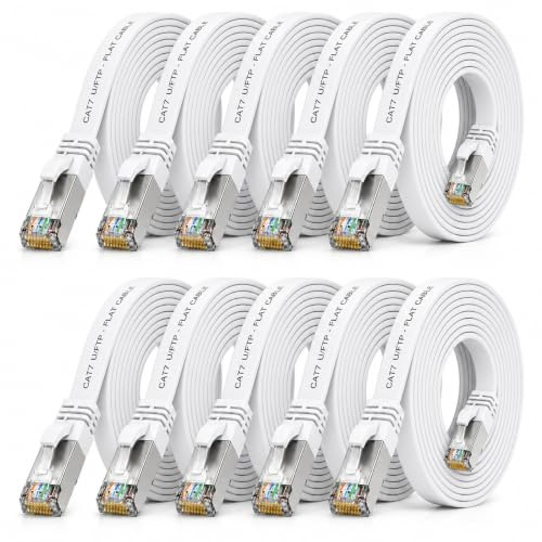 1aTTack.de CAT7 LAN-kabel 10x 0,25m flexibel nätverkskabel 10 Gbit/s - vit | Platt Cat.7 Ethernet patchkabel, platt Gigabit-kabel för internet, switch, router, modem och patchpanel