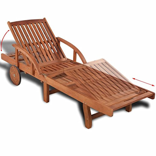 Fesjoy Tumbona Reclinable de Jardín, Clásica y Rústica, con Mesa Extraíble, Ruedas y Ajustable en 5 Posiciones, Marrón, Madera de Acacia