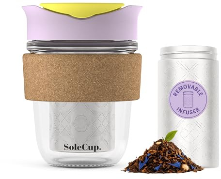 SoleCup Resemugg lös tesil – avtagbar tesil med spillsäkert lock – BPA-fri återanvändbar resekaffekopp i glas med korkband (glass)