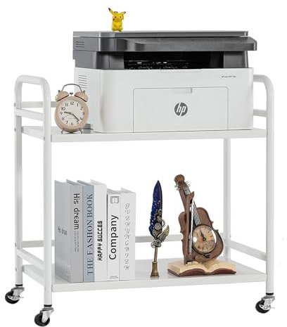 HDANI Druckertisch2 Ebenen,Küchenregal,Mikrowellen Regal,Druckerständer mit verstellbaren Füßen und arretierbaren Rädern,Druckerwagen,Industrie-Design,60×35×61cm,für Büro Wohnzimmer Küche,Weiß