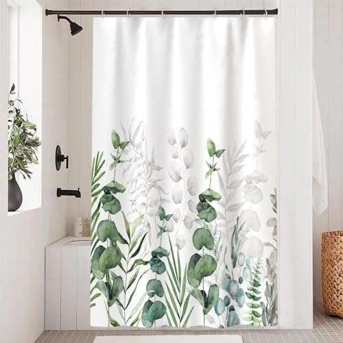 Uiiooazy Duschvorhang 120x200cm, Duschvorhang Anti Schimmel Grüne Blätter Eukalyptus Grau Pflanzenmotiv Duschvorhänge Wasserdicht Polyester Stoff Waschbar Bad Vorhang mit 8 Haken für Badezimmer