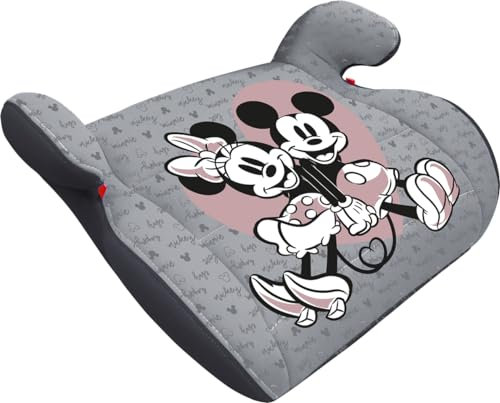 Disney Seggiolino Alzabimbo Minnie e Mickey per la sicurezza dei bambini con altezza da 125 a 150 cm con grafiche dii Topolino e Topolina fondo grigio, alzatina auto, rialzo. Seduta per bambini