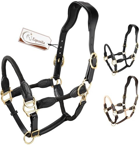 Esposita Seilhalfter Ranch Halfter für Pferde aus Leder und Seil mit rostfreien Messingbeschlägen auch ideales Halfter zum Reiten, als gebisslose Trense oder Wanderreithalfter Schwarz Gr. Pony