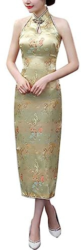 Dam halterneck ärmlös kinesisk cheongsam mandarin krage sida delad lång Qipao festklänning outfit, Drake guld, M