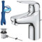 GROHE Swift, energiesparende Waschtischarmatur, Kaltwasser in Mittelstellung (Wasserhahn für Waschbecken, 16cm hoch, mit Zugstangen-Ablauf, mit 3in1 Werkzeug, einfache Installation), chrom, 24322001