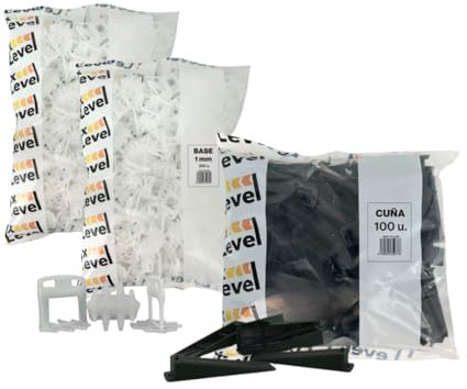 Niveladores De Azulejos - 600 pcs - Fixlevel - Cuñas Niveladoras Suelo 1mm - Sistema De Nivelación De Azulejos - Clips de Nivelación 1mm - Pack 500 Clips Y 100 Cuñas (1 mm)