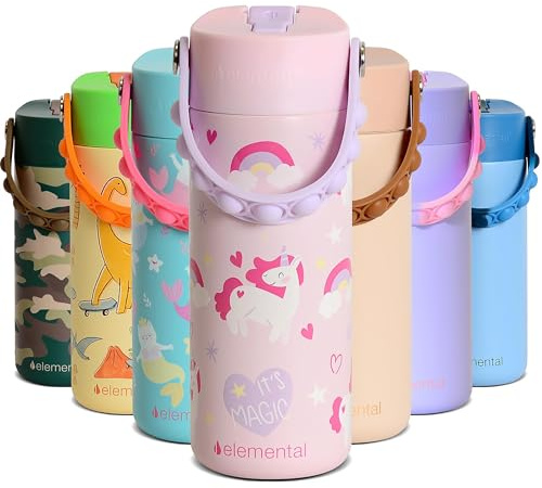 Elemental Insulated Kids Water Bottle, Stainless Steel Water Bottle with Straw Lid & Pop-It Handle, Leak-Proof Water Bottles for School, Boys or Girls, Travelling and Sports, 530ml - Unicorn Magic