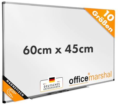 OfficeMarshal Magnetisches Whiteboard 60x45cm mit Alurahmen und abnehmbare Stiftablage für Büro, Heim und Schule, Magnettafel Kratzfest und trocken abwischbar | Magnetboard