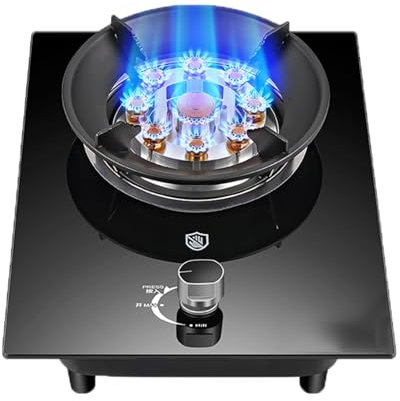BZJPRFC Fornello A Gas con Bruciatore Singolo Nero, Bruciatore Wok A 9 cavità da 5,2 KW, Piano in Vetro Temperato con Protezione Antispegnimento(NG)