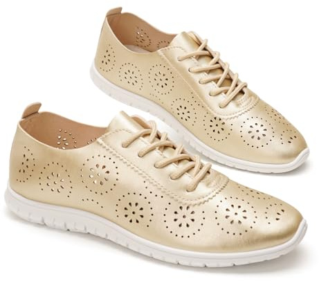 GLAMORA Zapatos Mujer Cordones Calados Transpirables Cómodos Ligeros Suela Flexible Antideslizante Plantilla Blanda Punta Fina Calzado Verano Ajuste Cómodo gold-37