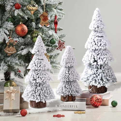 ZoneYan 3 delar minijulgransdekoration, vit mini julgran, små julgranar, miniatyr julgranar, bordsdekoration, små konstgjorda julgranar