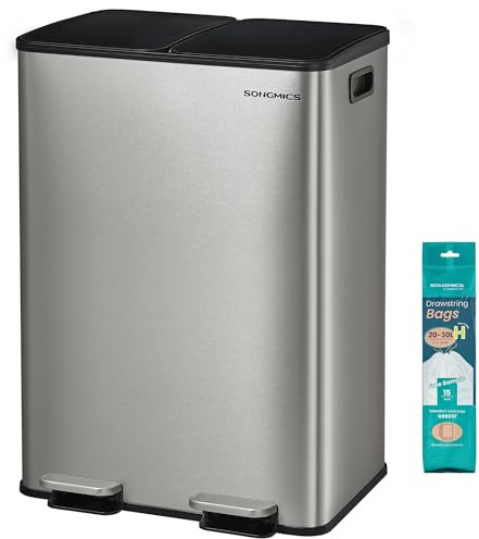 SONGMICS 2 x 30 L Dual-Compartment Pedal Rubbish Bin, Stainless Steel | 60L Kitchen Bin, Soft-Close Lid, Inner Buckets, Includes 15 Liner Bags, Silver and Black, PARY Collection LTB741EZ01