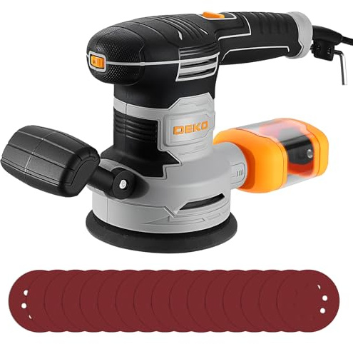 DEKOPRO Levigatrice Orbitale 450W, 125mm con Raccolta Polvere e 16 Dischi Abrasivi, 6 Velocità 7000-14000RPM, Levigatrice Rotorbitale per Legno, Adatta per Levigare, Lucidare Legno, fai da te