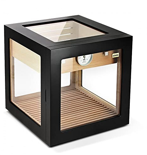 adorini Cube Deluxe Nero - Humidor in Legno di Cedro Spagnolo per Un Massimo di 100 sigari con igrometro a Capello e Sistema di umidificazione.