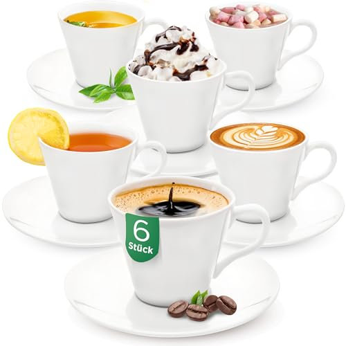 KONZEPT Kaffeetassen Set 6er mit Untertassen, 230 ml, Weiß, Tassen für 6 Personen aus Keramik, zum Bemalen, ideal für Kaffee, Tee, Cappucino