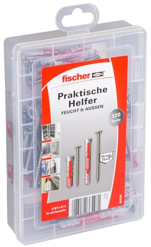 fischer Praktische Helfer Feucht & Außen, Dübelbox, 120-teilig mit Edelstahlschrauben & DuoPower Dübeln, universelles Set für Befestigungen in Feuchträumen und Außenbereiche