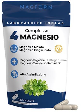 INOLAB Magnesio Completo 1980mg + B6 | 4 Forme Sinergiche: Magnesio Bisglicinato, Malato, Vegetale, Taurina Chelata | Alta Assimilazione e Tolleranza | 120 Capsule Senza Magnesio Marino