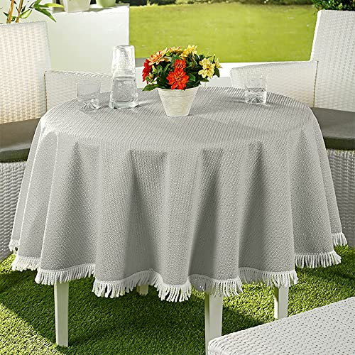 EMHELLE Gartentischdecke Garten Balkon Terrasse Tischdecke Camping Picknick Rund Oval Eckig Außen und Innenbereich Rutschhemmende Oberfläche mit weißen Fransen (130 cm Rund, Silbergrau)