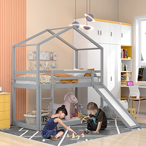 HESHU Kinderbett Etagenbett 90x200, Hochbett Kinder mit Rutsche, Stockbett Für 2 Kinder, Hausbett, Etagenbettrahmen, Spielbett, Jugendbett, Etagenbett, ohne matratze (Etagenbett mit Rutsche-grau)