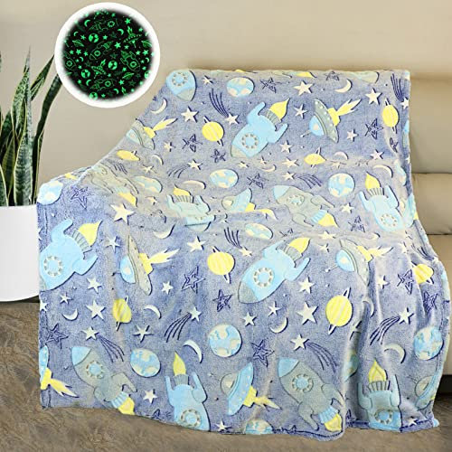 Manta para Niños y Niñas, Diseño de Cohete y Dirigibles, Suave y Cálida, Brilla en la Oscuridad, Fluorescente, 130 x 150 cm (Color 1)